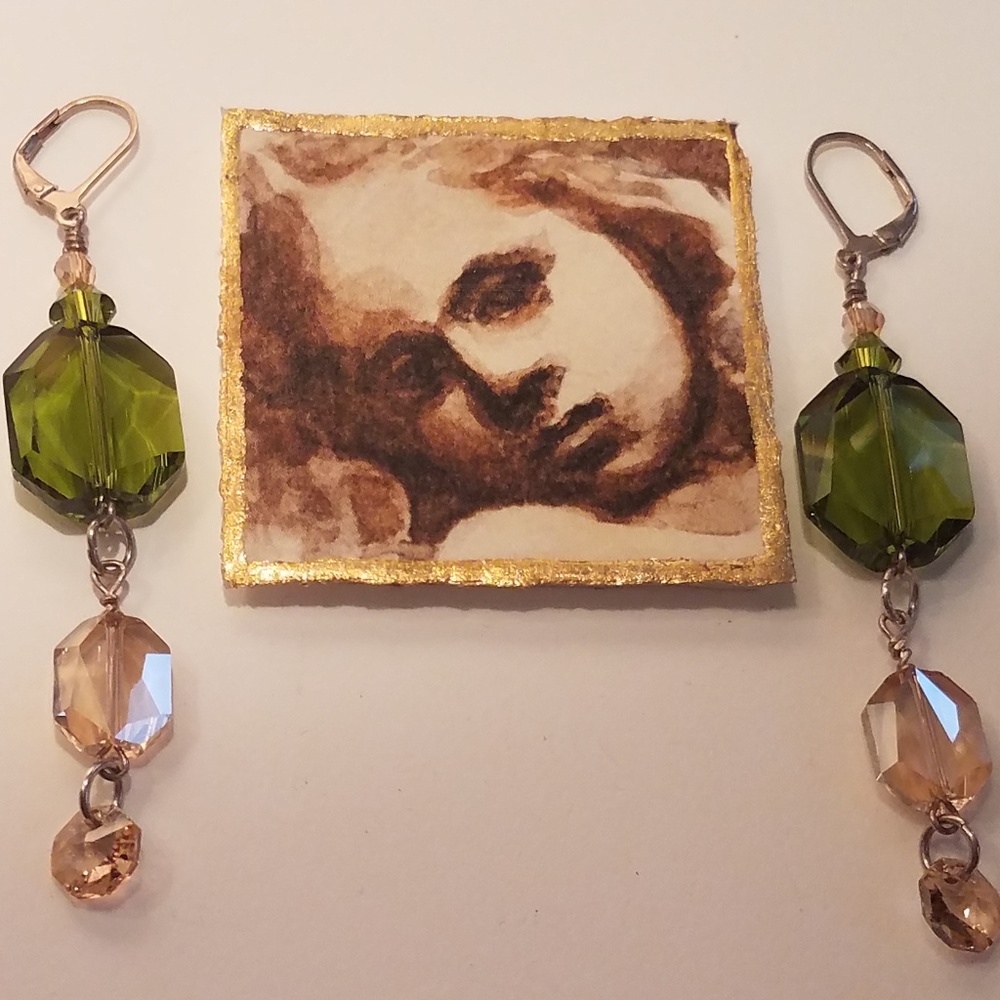 Green & Blush Light Pink Dangly Earrings